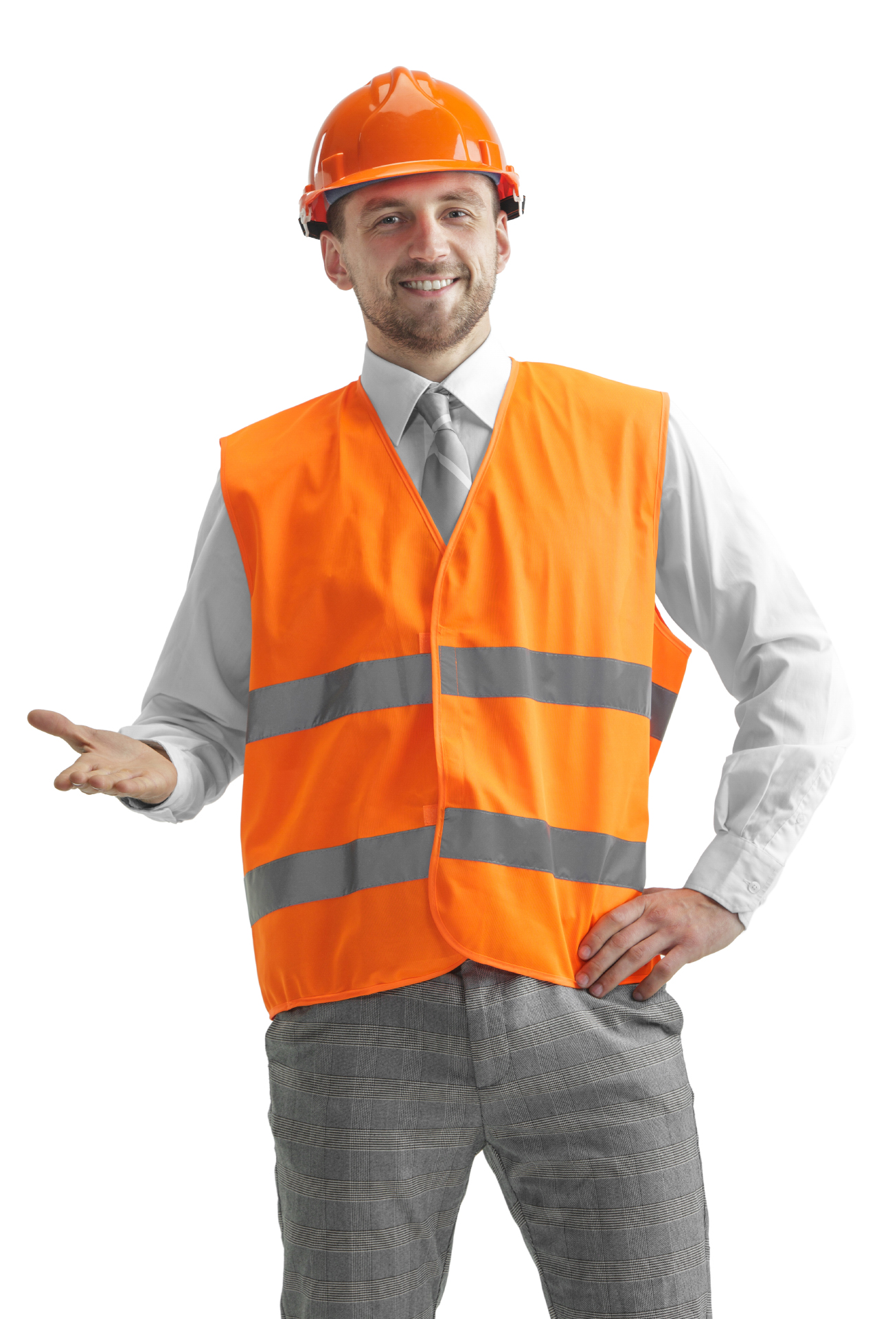 The builder in orange helmet isolated on white